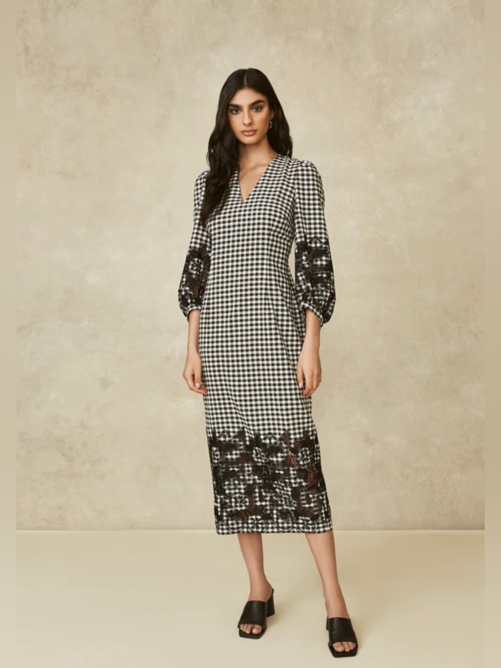 PEARL BY LELA ROSE Gingham V-Neck Midi Dress with Floral Hem and Cuffs